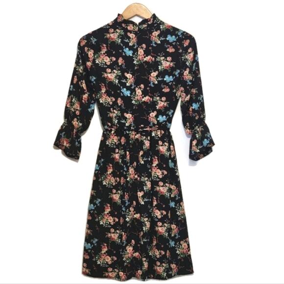 ModCloth Floral Ruffle Mock Neck Front Tie Waist Black Midi Dress Size S - Picture 10 of 16